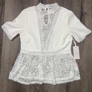 1.0.3.0. White Top Blouse Shirt Romper Lace See Through Size M Medium NWT New